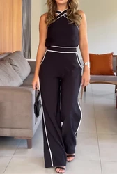 Two Piece Pants Set Outfit Ribbed Striped Sleeveless Cross Neck Top + High Waist Wide Leg Pant Work Street Women's Tracksuit