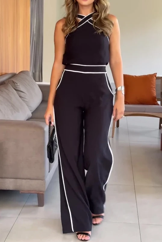 Two Piece Pants Set Outfit Ribbed Striped Sleeveless Cross Neck Top + High Waist Wide Leg Pant Work Street Women's Tracksuit