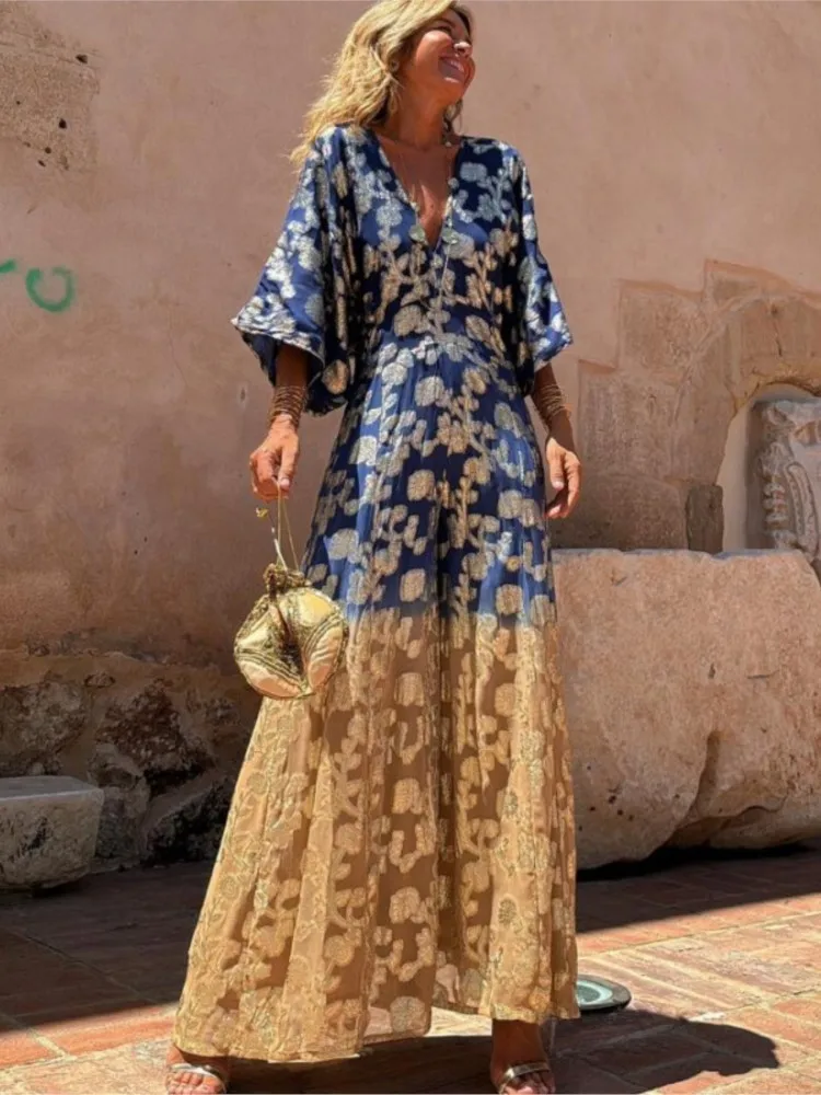 

Summer Lady Print Boho Jumpsuit Fashion V Neck High Waist Wide Leg Long Pants Jumpsuits For Women Casual Beach Holiday Jumpsuits