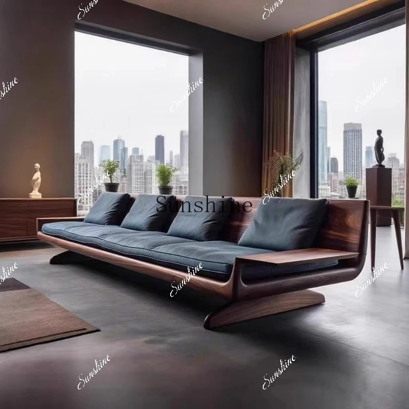 Solid wood inline modern living room office three-seater leather sofaN