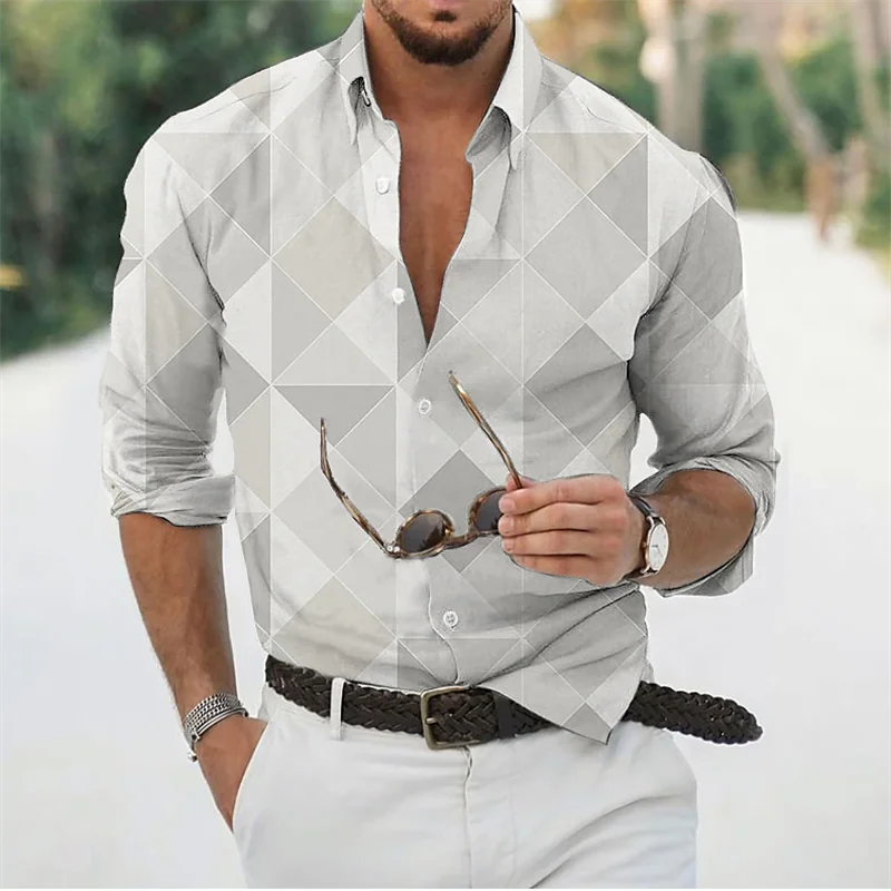 Camisa de lapela de manga comprida masculina, diamante geométrico, estilo estampado, moda de rua, roupas de grife