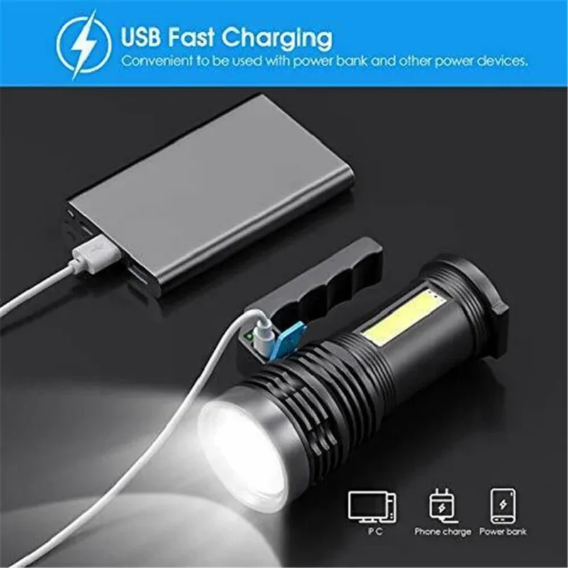 Newest 2000mAh Portable High Power Rechargeable Led Flashlights Ultra Camping Torch With COB Side Lamp Outdoor Lighting ABS Make