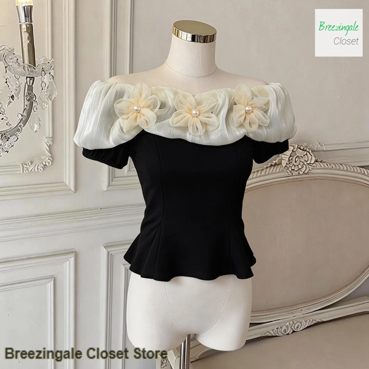 

French sweet three-dimensional flower blouse slim top women's summer new fashion waist shoulder sexy short ruffled T-shirt