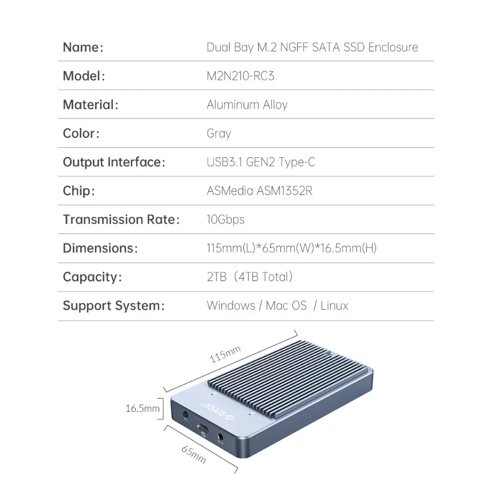 Imagem -06 - Orico-case Ssd Dual Bay m2 com Raid Gabinete Ngff Sata M.2 para Usb Tipo-c Adaptador para Chave b e b Mais m Caixa de Disco