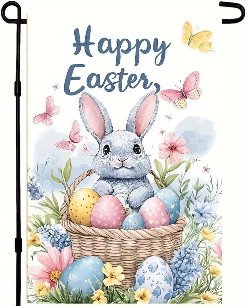 Happy Easter Rabbit Garden Flag 12 x 18 inch Double Sided Outside decorations,Easter Egg Butterfly Small Garden Flags For Ou uui