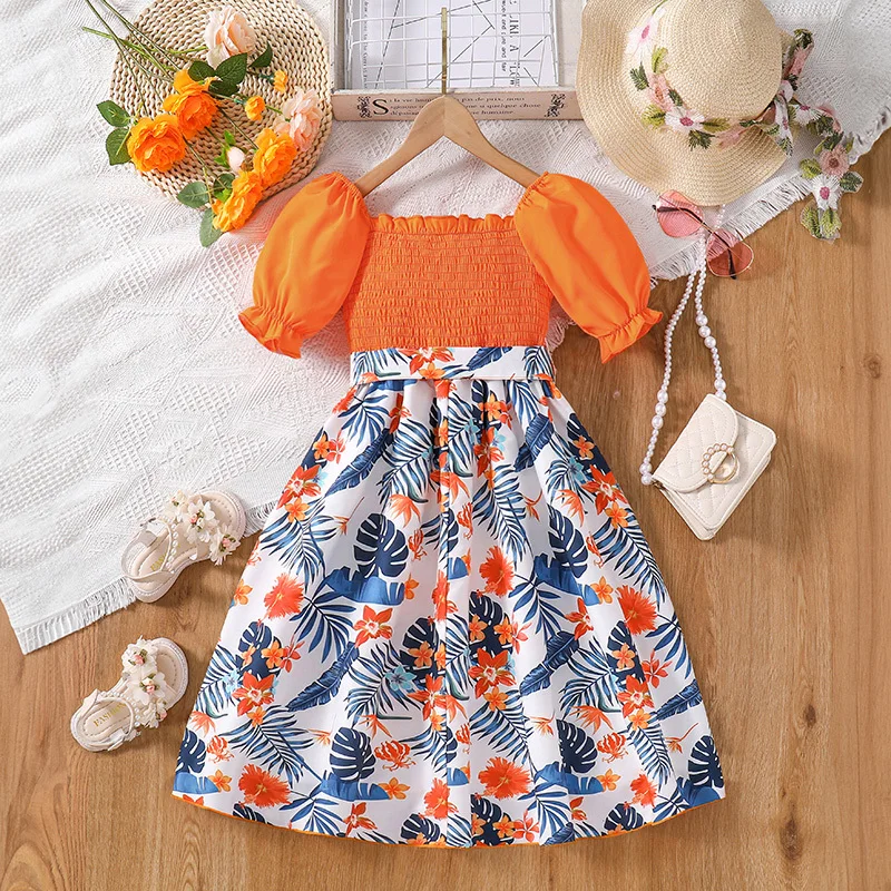 New Summer Fashion Orange Short Sleeve Top & Skirt For Girls Floral Printed Stylish Vacation Party Dress Daily Casual