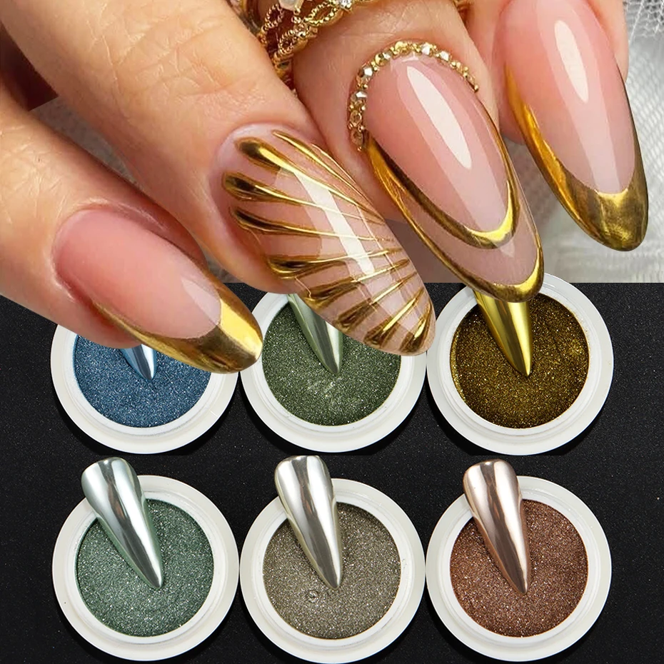 ผงสีเล็บโครเมียม 6 ชิ้น สีทอง น้ำเงิน เขียว คุณภาพสูง เงางาม ผงสีเล็บเมทัลลิก สำหรับตกแต่งเล็บ