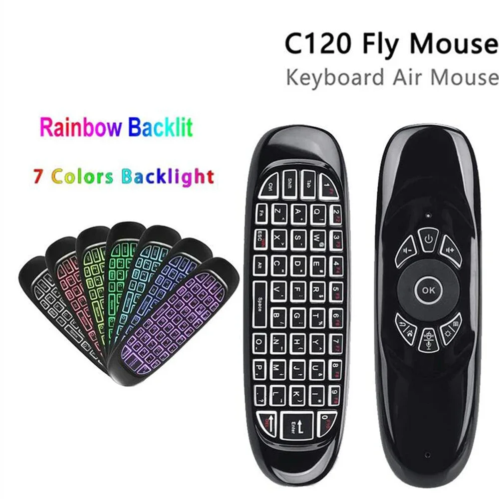 C120 RGB 7 Backlight Fly Air Mouse Gyro Sensor Wireless 2.4G RF Keyboard Remote Control For Gaming Android Smart TV Box