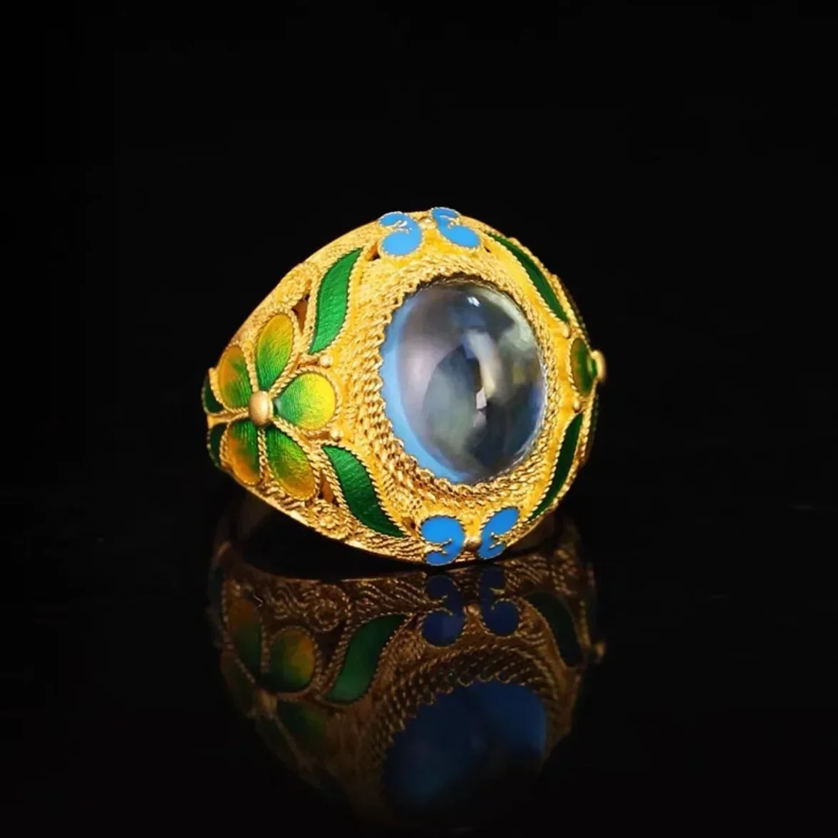 

9999 24K real gold enamel butterfly flower ring retro women's ring enamel ring jewelry