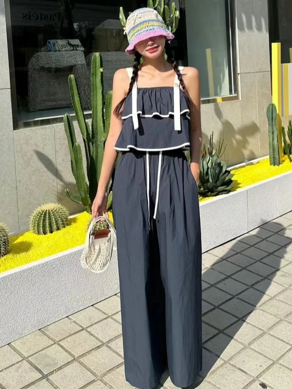 

Chic Summer Vintage Double Layer Ruffle Trim Tank Top Belted Wide Leg Pants Set Women's Loose Fit Color Faion Outfit