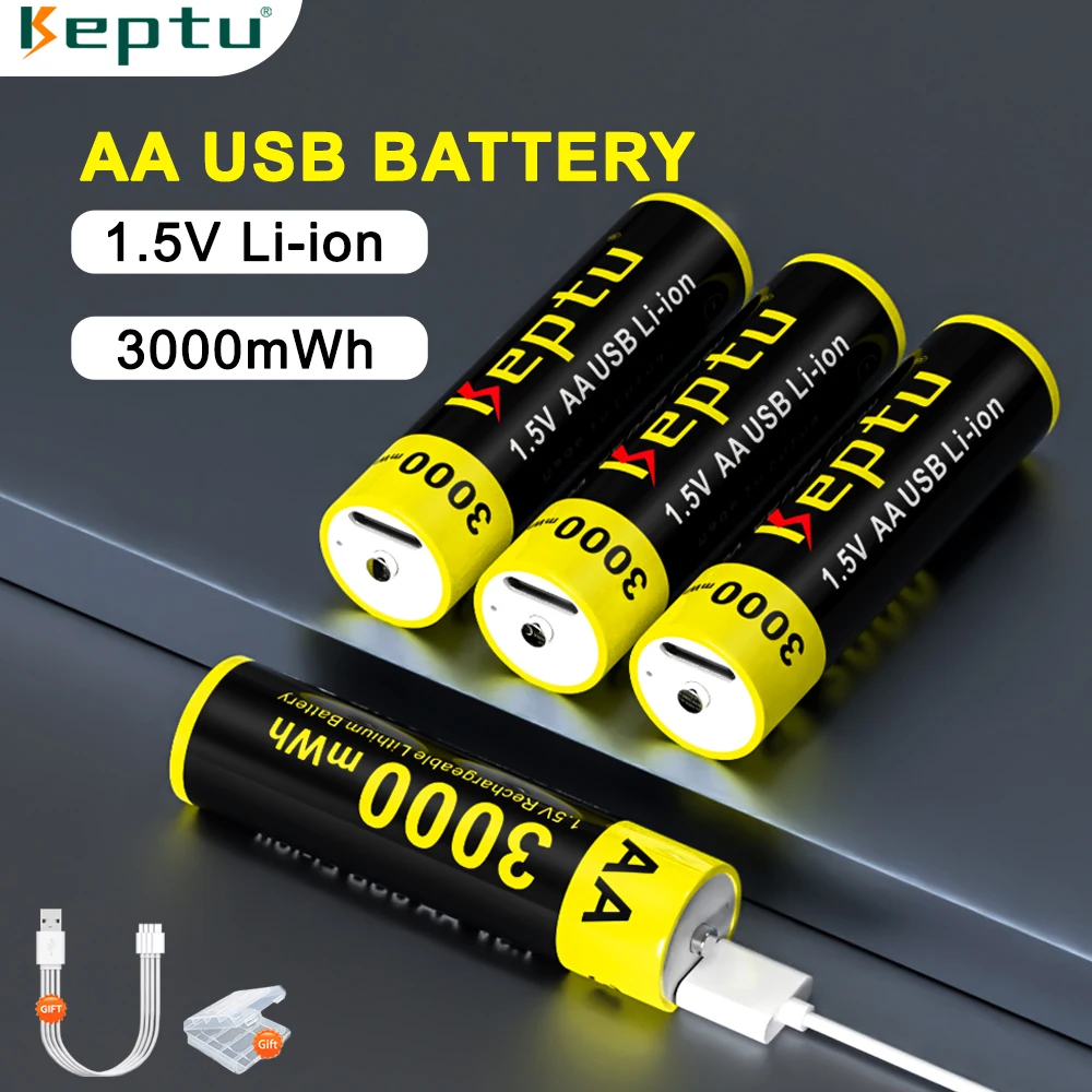 

KEPTU 3000 mWh 1.5V AA USB rechargeable Li-ion battery for remote control mouse small fan Electric toy battery + Cable+box