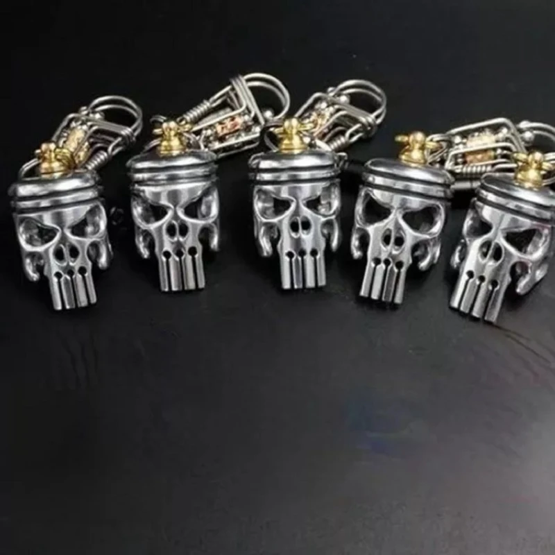 Piston Art Keychain Skull Pendant Decor Accessories For Men Women Alloy Skeleton Keychains Keyring with Flashlight and Bottle