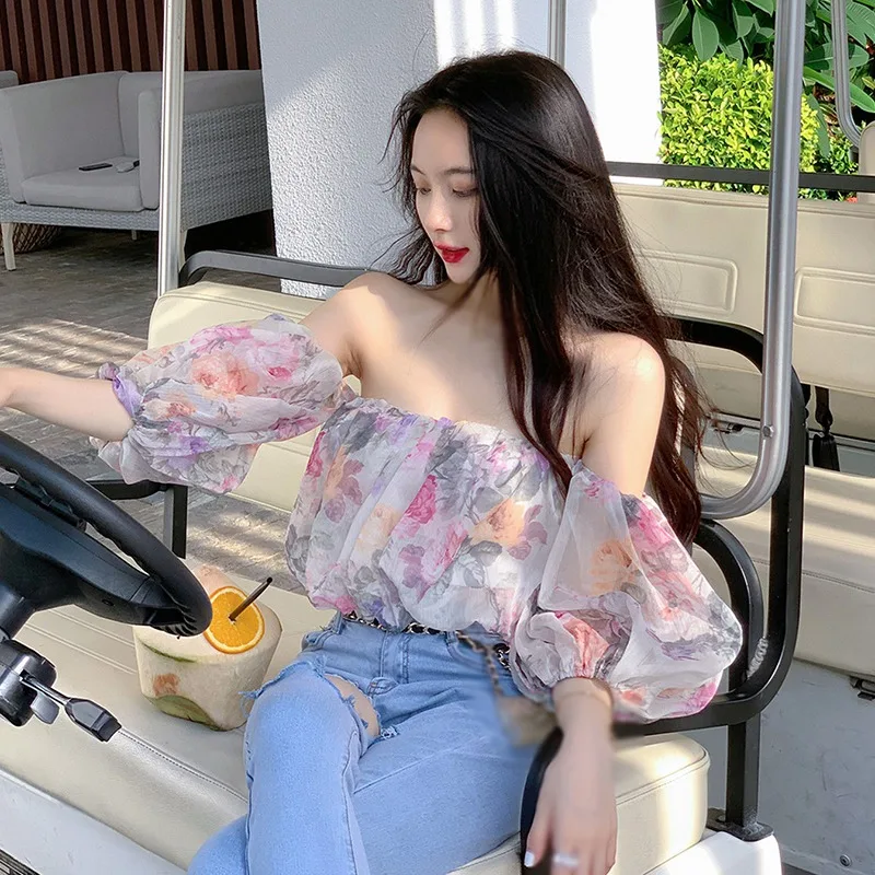 Women\'s Korean Flower Slash Neck Sexy Sweet Navel Exposed Chiffon Short Sleeves Shirts Blouse One Shoulder Top