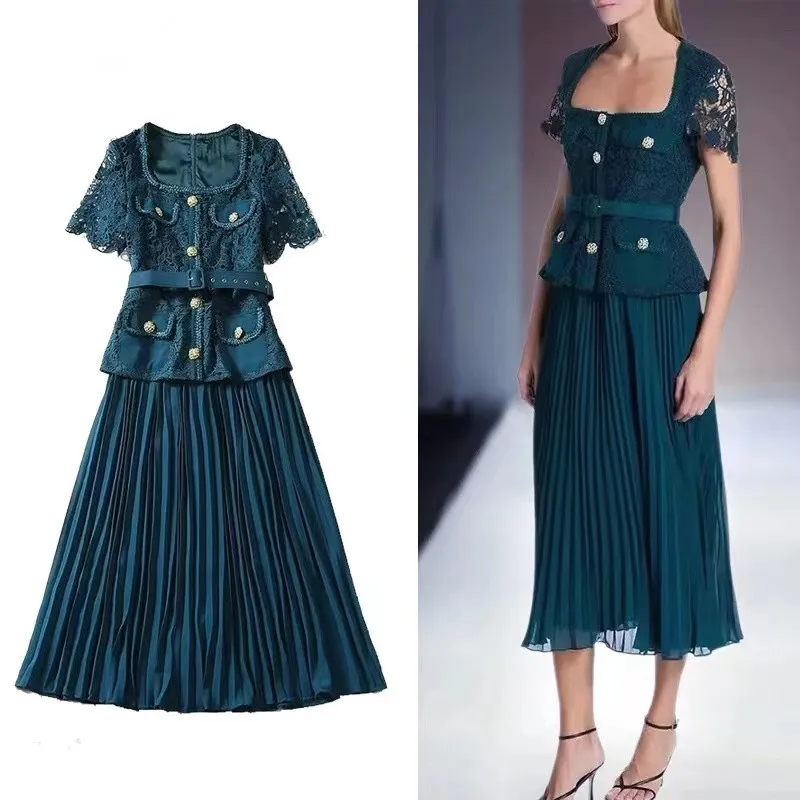 Runway Fashion New Summer Lace Patchwork Chiffon Pleated Dress Women Square Collar Short Sleeve Hollow Out Belt Party Midi Dress