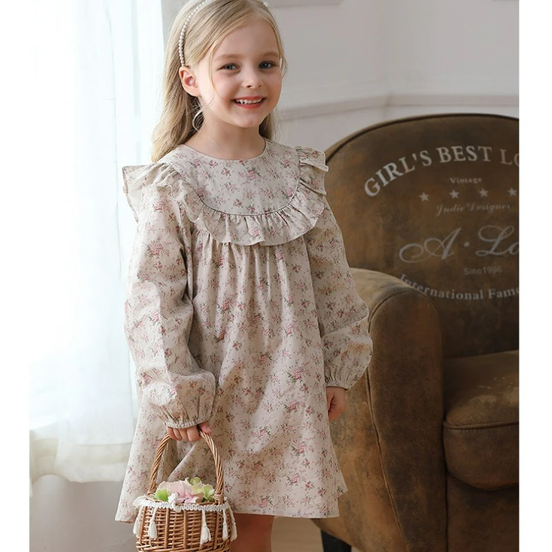 Girls' Dress Korean Version Lotus Leaf Lace  Doll Dress 2025 Autumn New Style French Floral Sweet Children's Princess Dress