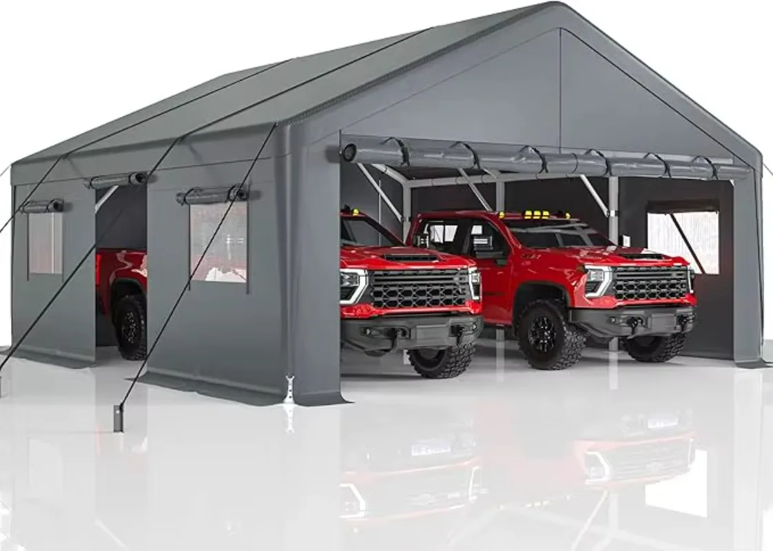 Extra-large 20x20 heavy-duty metal carport, weather-resistant roll-up garage window, all-weather car roof.