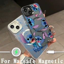 Cute Stitchs Magsafe Magnetic Phone Case for IPhone 11 12 13 14 15 Pro Max Plus Lens Creative Border Silver Plated Cover