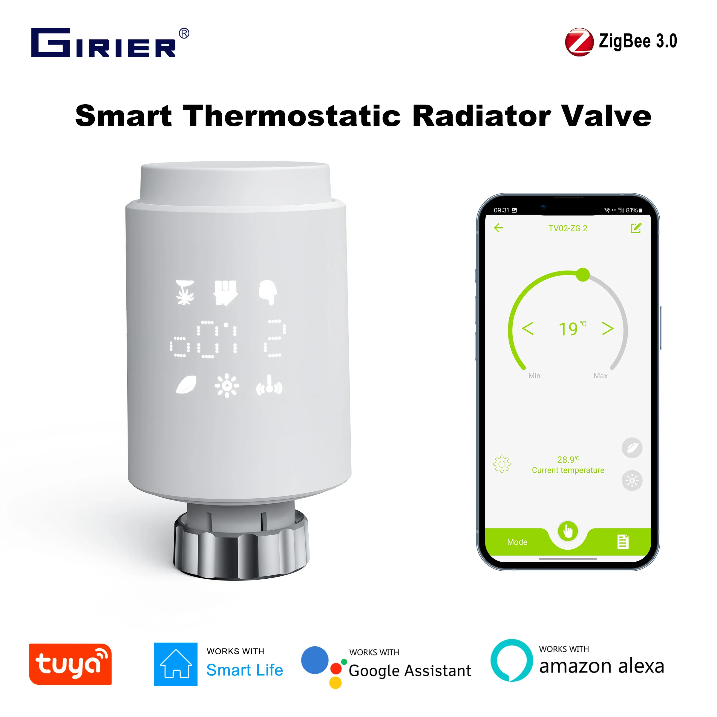 GIRIER Tuya Smart Thermostatic Radiator Valve ZigBee Thermostat Radiator TRV Programmable Temperature Controller Work with Alexa