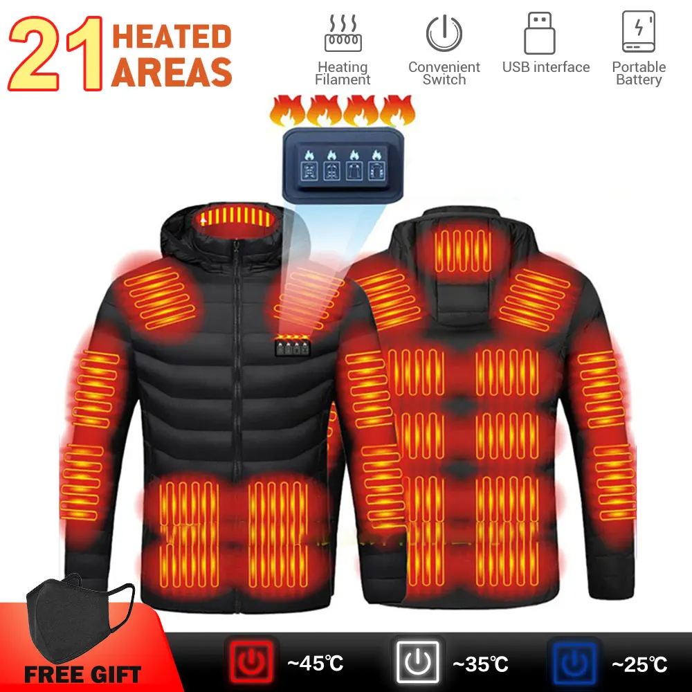 

21 Areas Heated Jacket Men Warm Vest USB Self Heating Jacket Women Heated Coat Ski Camping Hiking Winter Cotton Clothes Washed