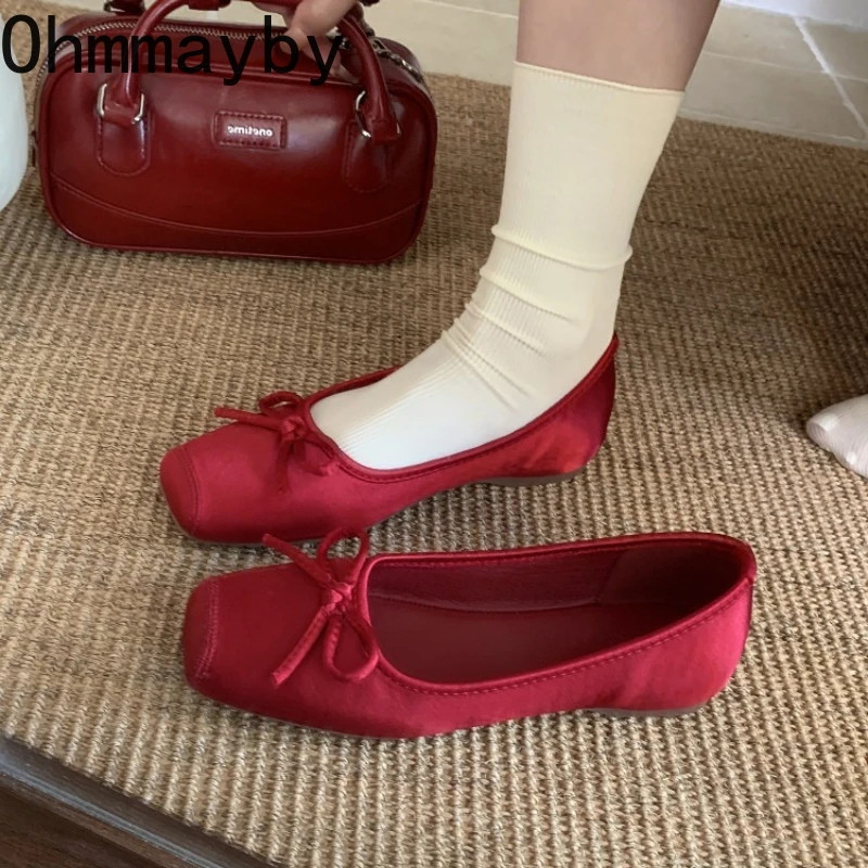 2026 Spring Square Toe Women Ballet Flats Concise Shallow Slip On Ladies Shoes Soft Sole Butterfly-knot Eelgant Dress Shoes
