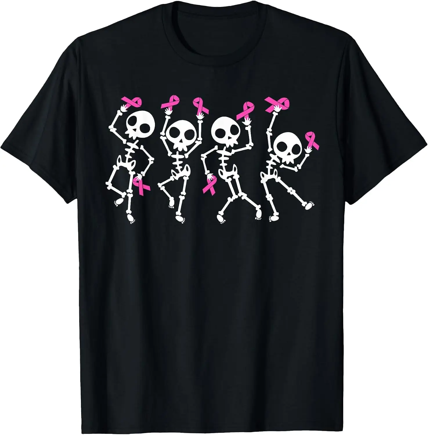 Pink Ribbon Breast Cancer Awareness Skeleton Women Men Kids T-Shirt Halloween Loose-Fit Pure Cotton Short-Sleeve Top – Stylish, Breathable, Plus-Size – Christmas Gift
