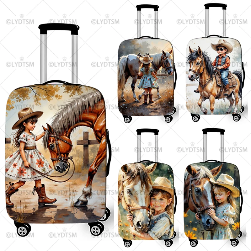 

Чехол для чемодана с рисунком «Дети и лошади» в стиле масляной живописи, эластичный защитный чехол для дорожного чемодана, пылезащитный чехол для тележки