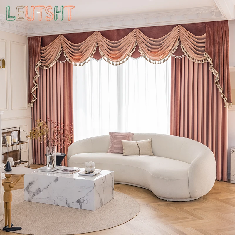 Custom Size Blackout Living Room Velvet Pink French Light Luxury Velvet Curtain and Valance  Partition Door Home Decor