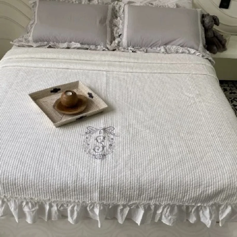 60s High Density Cotton Quilted Bedspread Set 3Pcs | Soft Ruffled Embroidered Coverlet | Solid Color Lightweight Bedding Cover