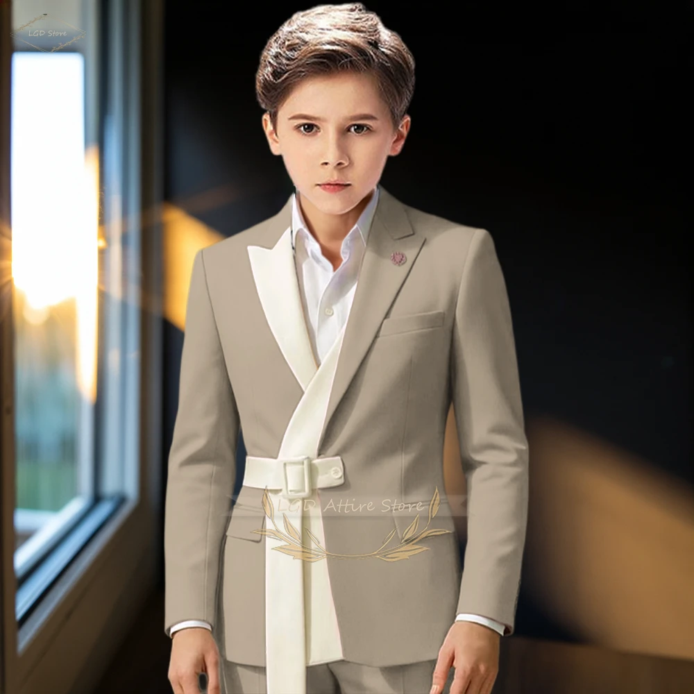 Boys' Custom 2-Piece Suit – Wrap Front Belted Blazer with Contrast Lapel & Matching Trousers for Weddings & Celebrations