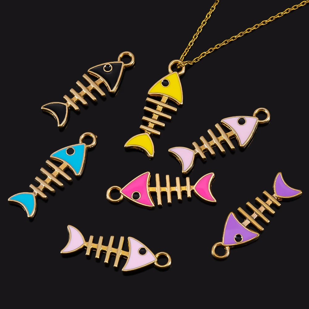

10pcs 8.5x24mm Various Colors Enamel Fish Skeleton Charms Pendant Alloy Metal For DIY Jewelry Making for Bracelet Necklace