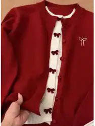 Christmas Red Fake Two Pieces Sweater Coats Women New Chic Bow Button Design Loose Knitted Cardigans Korean Style Knitwear Tops