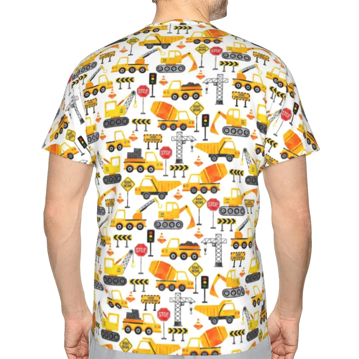 Road Work Watercolor Construction Vehicles 100% Cotton T-Shirt Men'sFashion T Shirts Men Crew Neck Short Sleeve