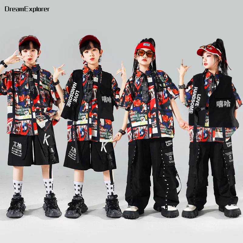 Boys Hip Hop Vest Retro Shirt Cargo Pants Girls Street Dance Shorts Clothes Sets Kids Jazz K-pop Costumes Children Streetwear