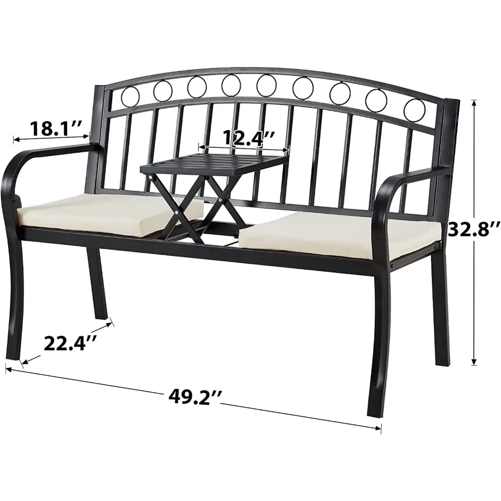 Outdoor Metal Garden Bench, 2-Seat Patio Porch Bench with Steel Metal Frame, Park Bench Pullout Middle Table＆ Cushion