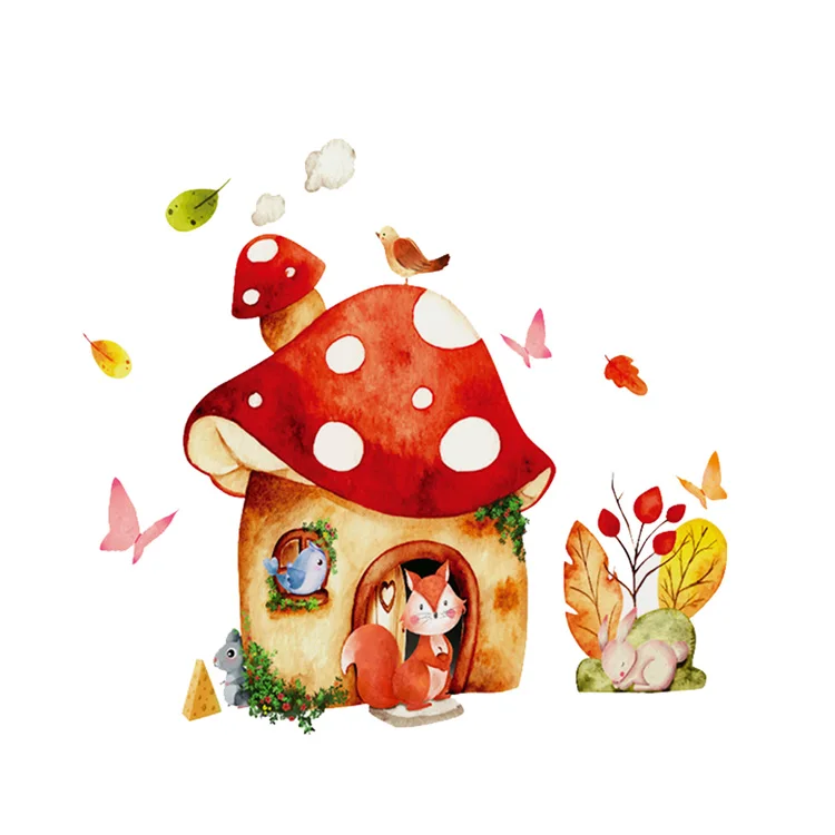 Cartoon Pilzhaus Wandaufkleber für Kinderzimmer Dekoration Wandbild Schlafzimmer Heimdekor Tapete Fuchs Hase Niedliche Tiere Aufkleber – Detail 7