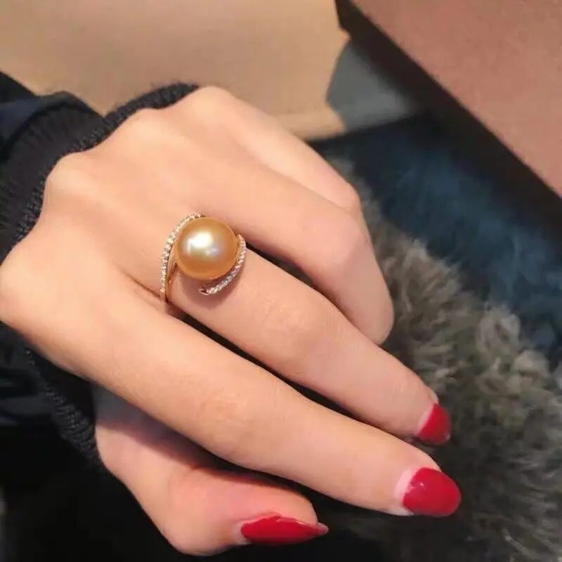 “huge Gorgeous AAAAA 10-11mm Round natural south sea Golden pearl ring 18kgp”