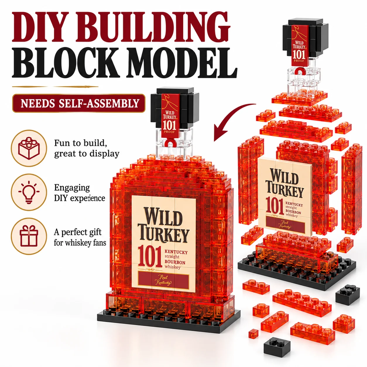 Wild Turkey 101 Bourbon Whiskey Bottle MOC Building Blocks Model, DIY Assemble Bricks Ornament Home Bar Table Decor Collectible