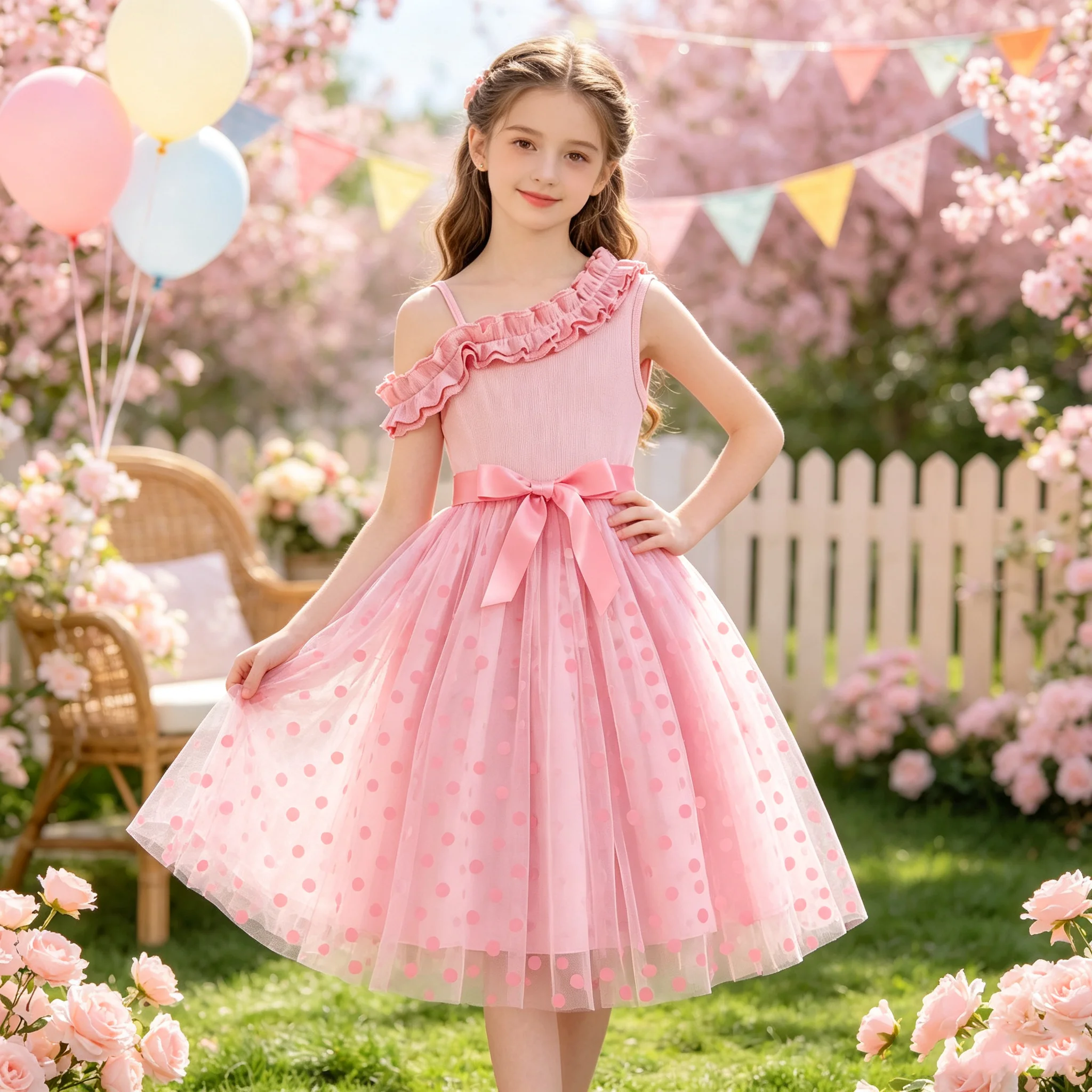 Sommer Mädchen Rüschen-Dekoration Cami Tutu Kleid Prinzessin Mesh Kinderkleid Freizeit Süßer Stil – Detail 2