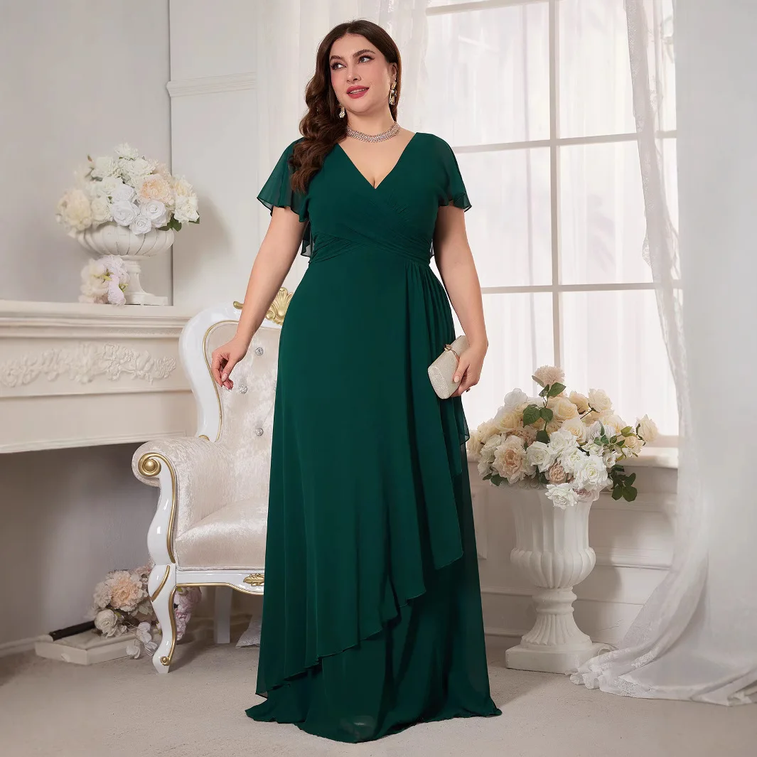 Plus Size Pure Color V-Ne Lantern Sve Asymmetrischer Saum Chiffon Dr. Sommer Hohe Taille Thiened Summer 2025