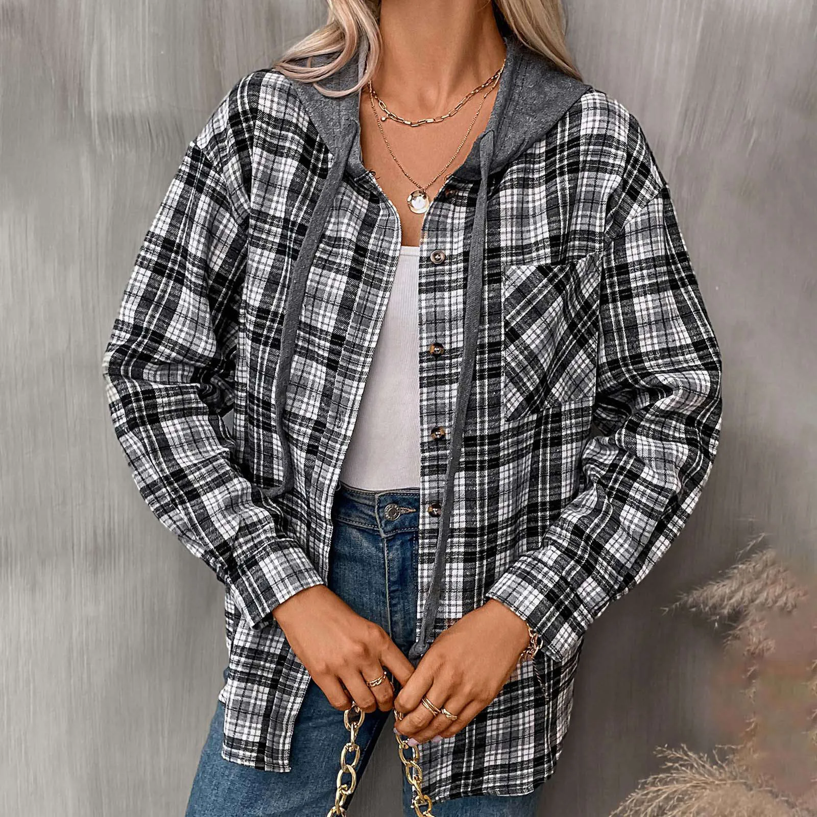 Damen lässig Kapuze Plaid Print Shirt Jacke Log Sleeve T-Shirts für Frauen