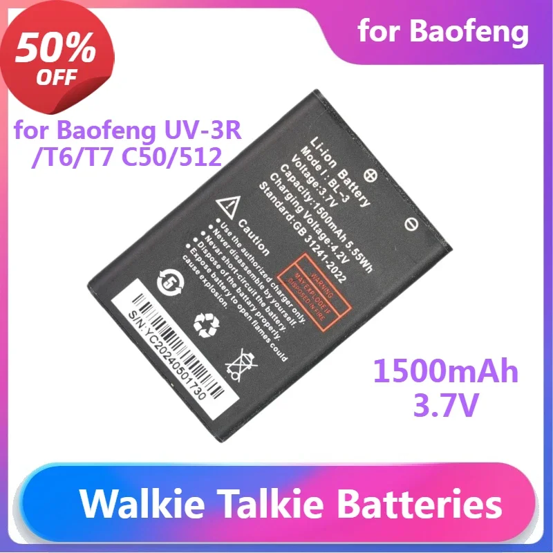 

Battery for Baofeng UV-3R/T6/T7 C50/512/UV-3R Baofeng Walkie Talkie Lithium Battery 1500mah
