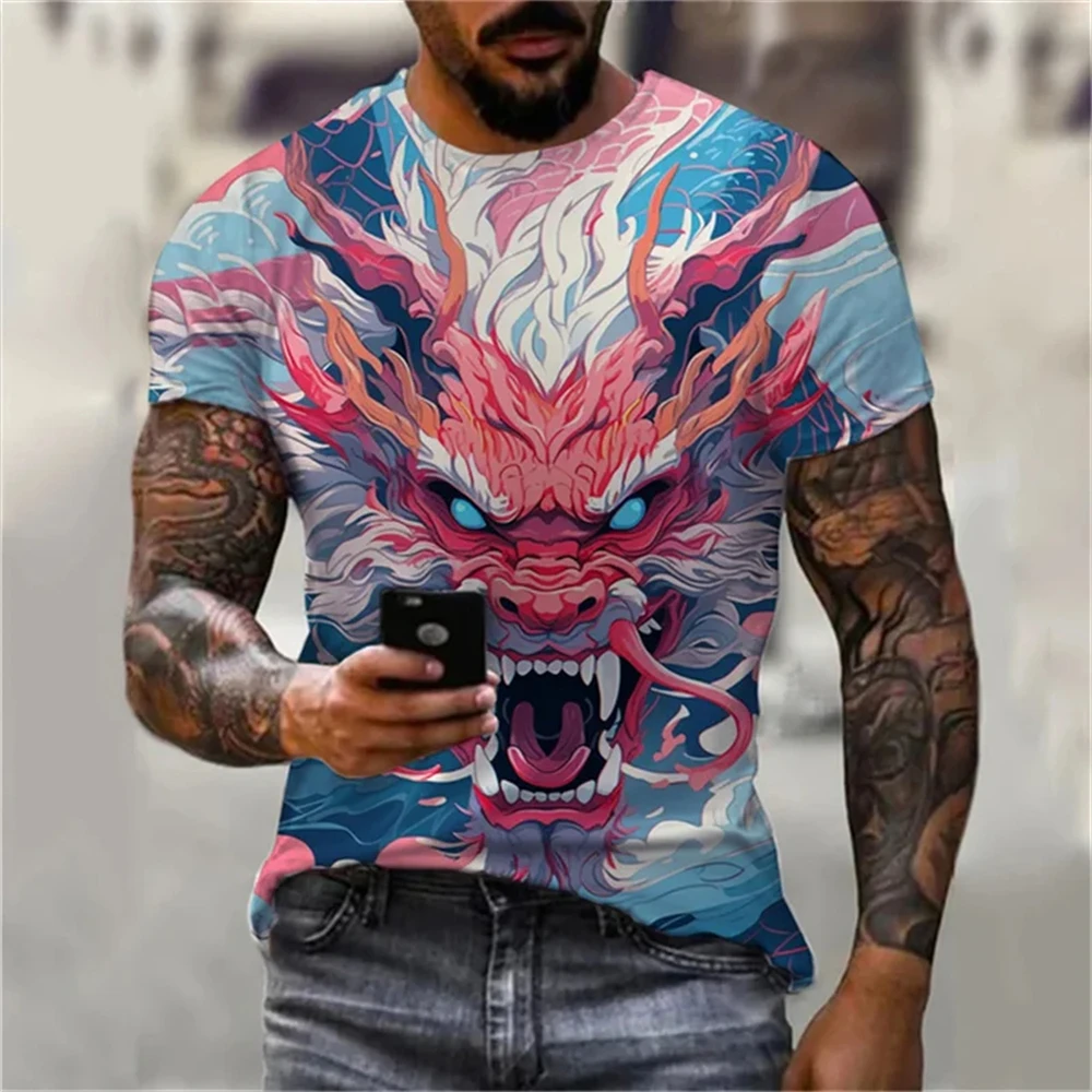 Fashion 3D Dragon Pattern Printed T Shirt for Men Casual Hip Hop Trend Harajuku Streetwear Summer Loose O-Neck Short Sleeve Tops