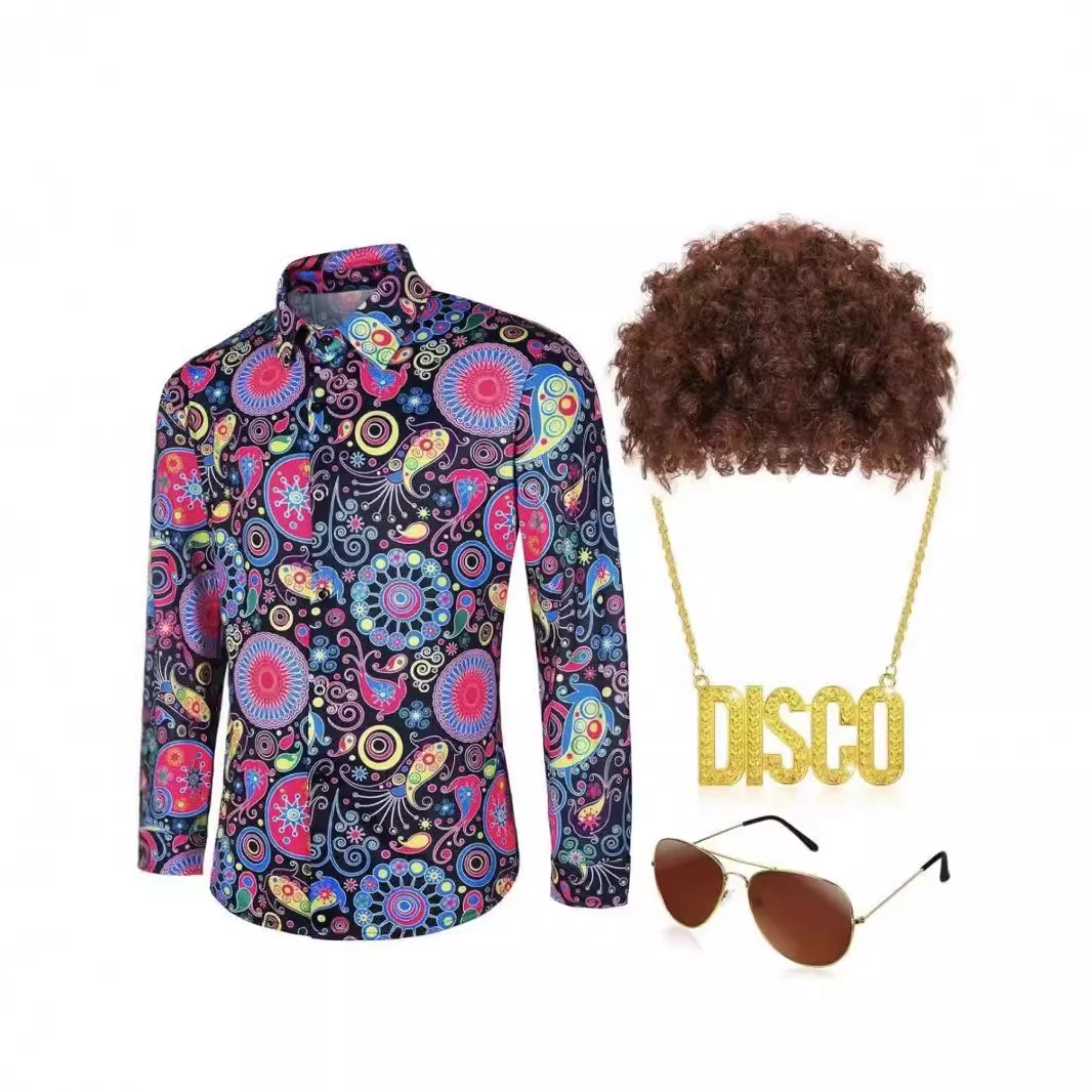 Loween Disco Hippie للرجال السبعينيات خمر الأزهار irt الوقوف صالح مطبوعة البوليستر طويل Sve Cleanfit طوق Ciwalk Co...