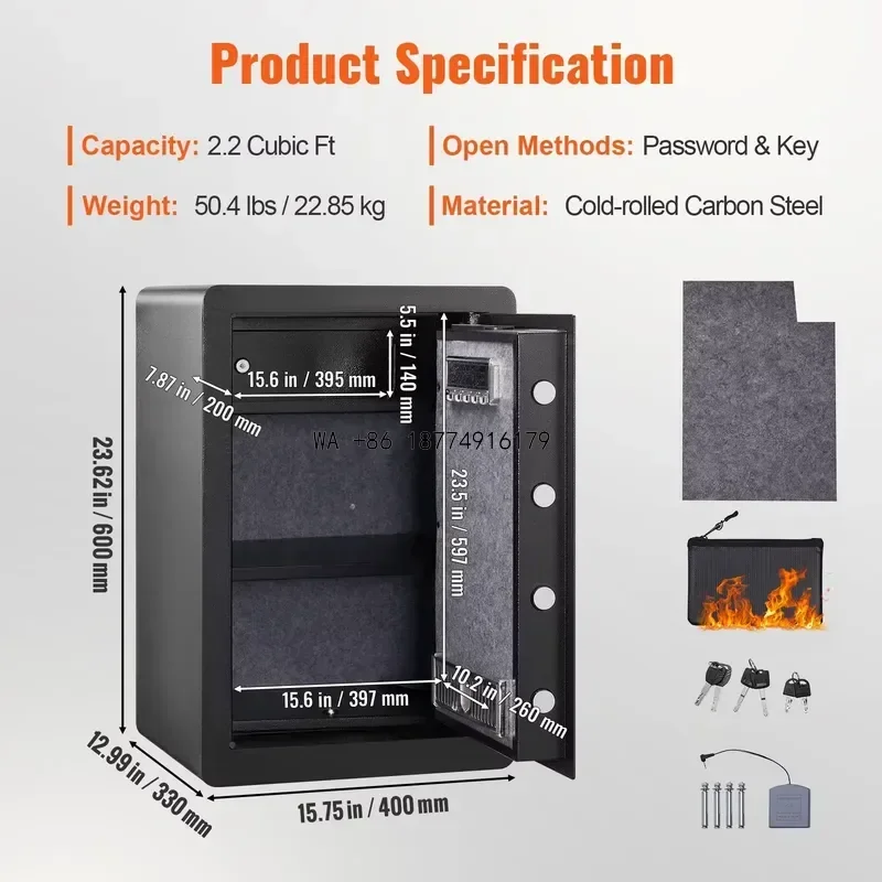 wmwmnu 2.2 cubic feet steel secure safe with fingerprint and numeric keypad, 2 keys, large fireproof cabinet safe,ODM OEM