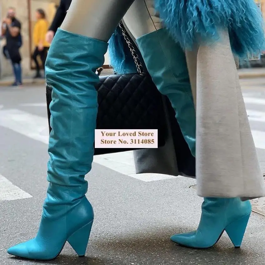 Women Winter Spike Heel Over The Knee Boots Pointed Toe Slouchy Folded Long Boots Strange Heel Dress Shoes