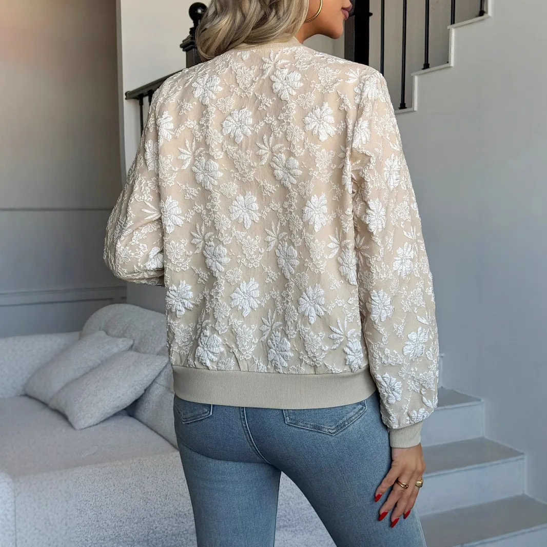 Lightweight Zipper Top Cropped Commuter Chic with Puff Embroidery Regular Fit Elegant Cross Border Style Autumn Jacket Women