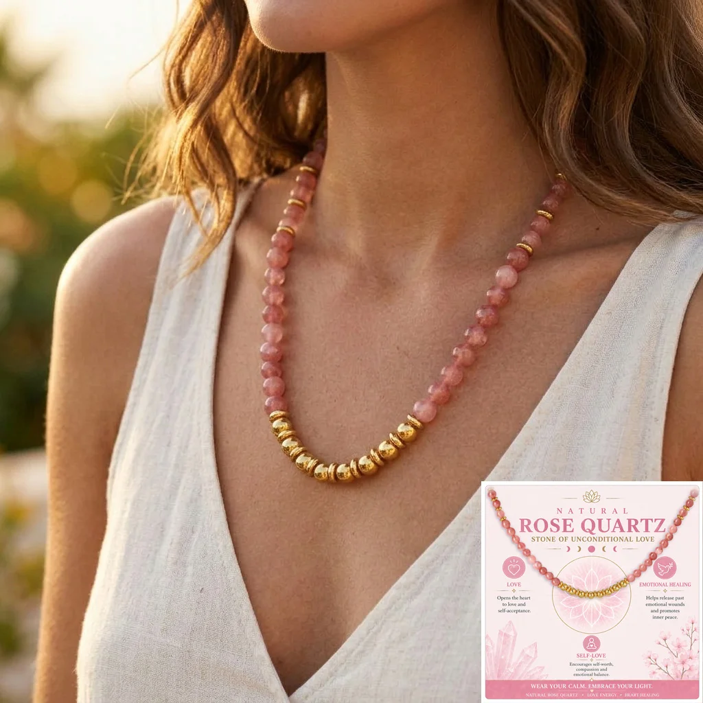 Crystal Beaded Choker Natural Rose Quartz Pink Stone Jewelry Healing Energy Message Card Gift for Her