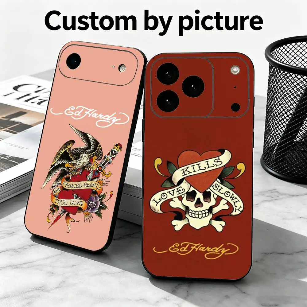 Funda de Teléfono de Moda Ed Hardy Brands para iPhone 17, 16, 15, 14, 13, 12, 11 Plus, Pro Max, Otros Modelos, Cubierta Negra Suave