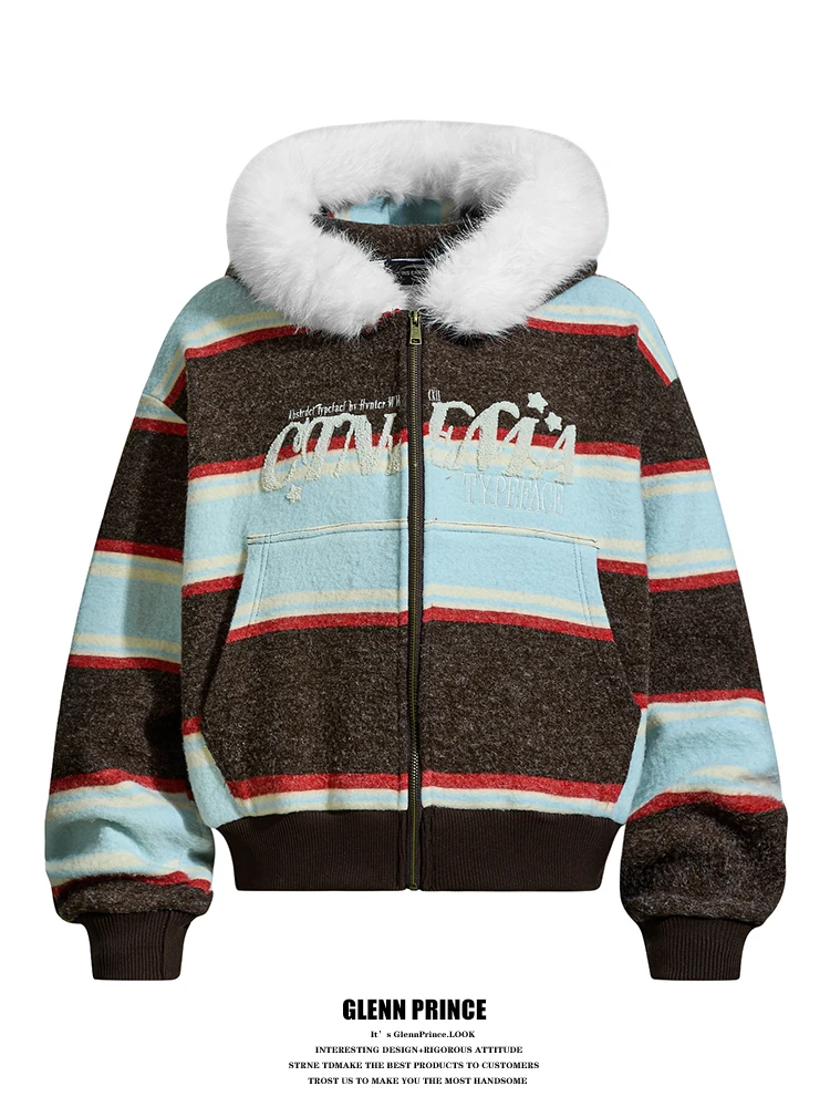 

Мужская хлопковая куртка в американском ретро-стиле с полосками и капюшоном, осенне-зимняя новинка, теплая свободная куртка с меховым воротником, молодежная мода
