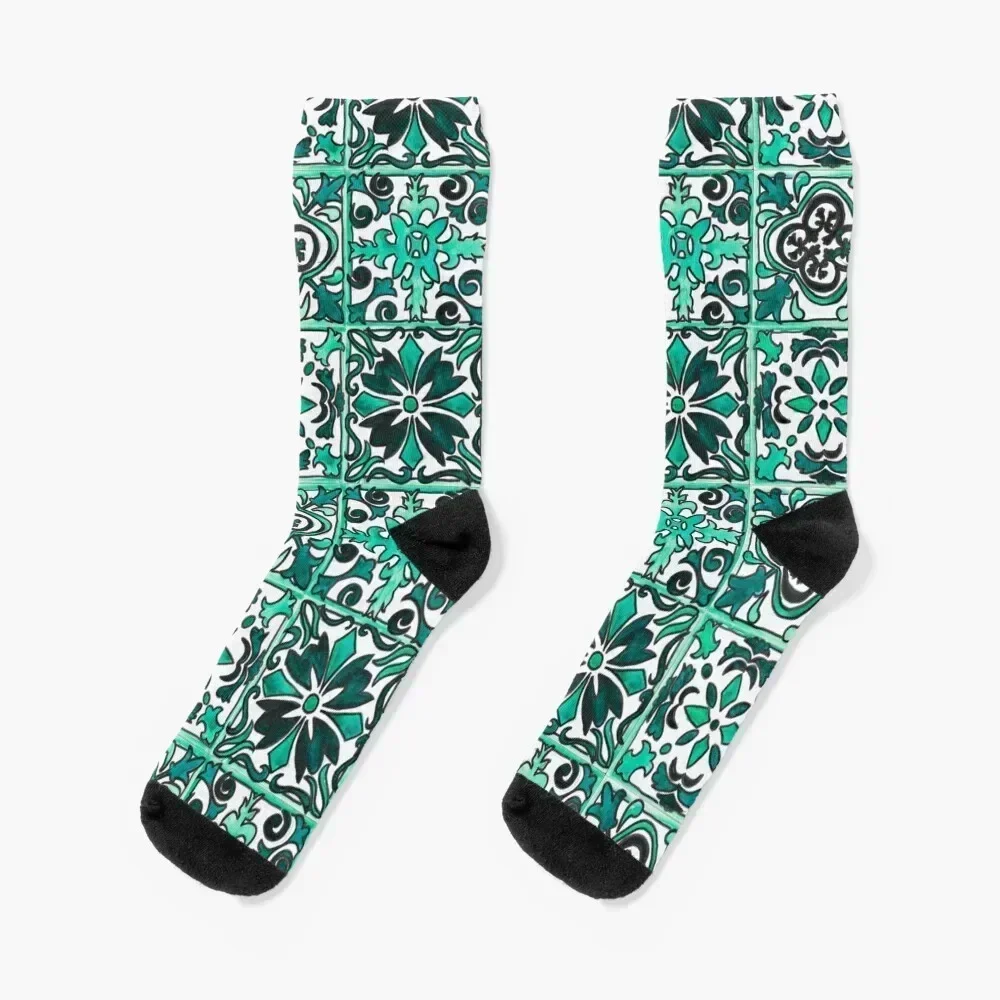 

Teal Spanish Tiles Socks christmas gifts Thermal man winter Designer Man Socks Women's